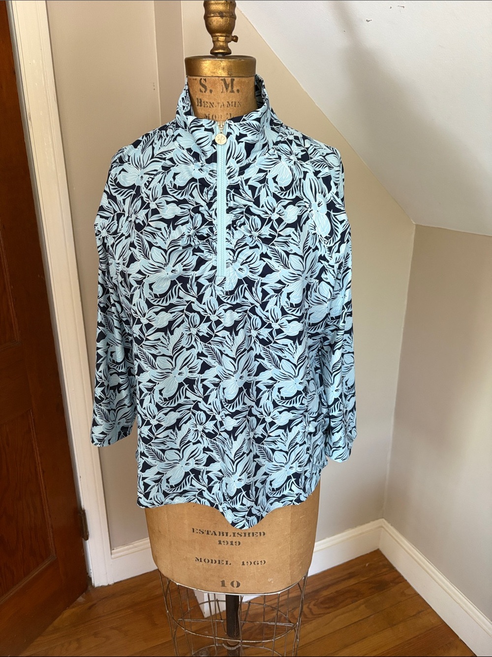 Stella Parker Light Blue Tropical Floral Quarter-Zip Women's Top